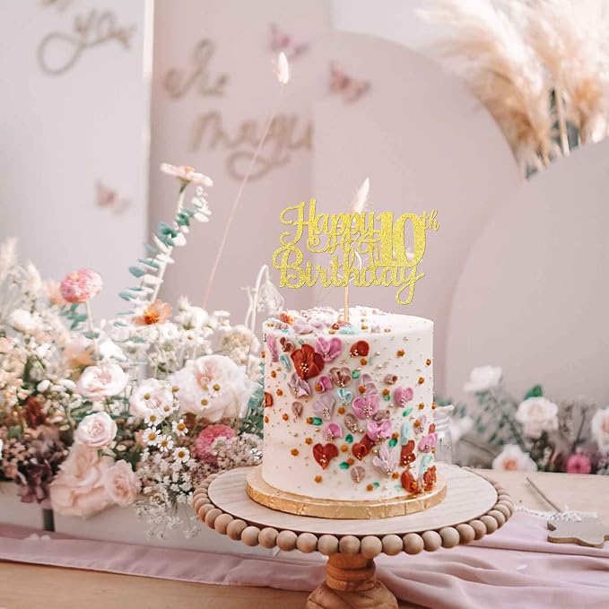 1 PCS Happy 10th Birthday Cake Topper Gold Glitter Cheers to 10 Years Birthday Cake Pick 10 Fabulous Double Digits Cake Decoration for Happy 10th Birthday Theme Party Decorations Supplies