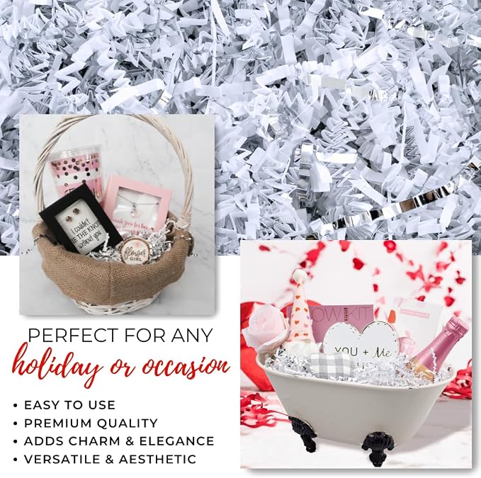 MagicWater Crinkle Cut Paper for Gift Baskets - 2LB - White & Silver - Perfect for Shredded Paper Filler, Basket Filler, Gift Boxes, Christmas Gifts, Christmas Stuffers & More – for All Occasions