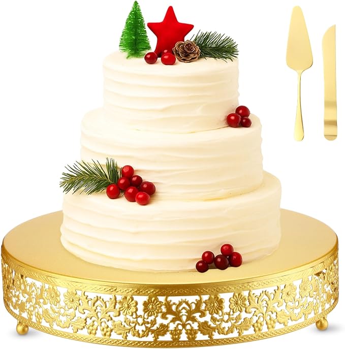 Wenqik 14 Inch Gold Cake Stand Set Metal Round Cupcake Dessert Stand with Cake Cutting, Flower Spatula Wedding Cupcake Pastry Display Candy Holder Display for Wedding Party Birthday Baby Shower