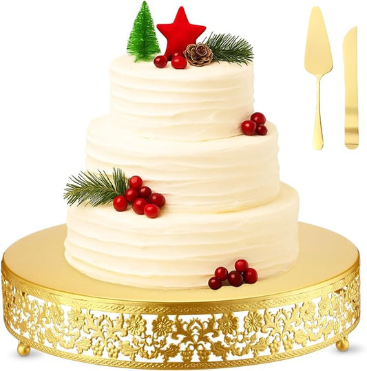 Wenqik 14 Inch Gold Cake Stand Set Metal Round Cupcake Dessert Stand with Cake Cutting, Flower Spatula Wedding Cupcake Pastry Display Candy Holder Display for Wedding Party Birthday Baby Shower