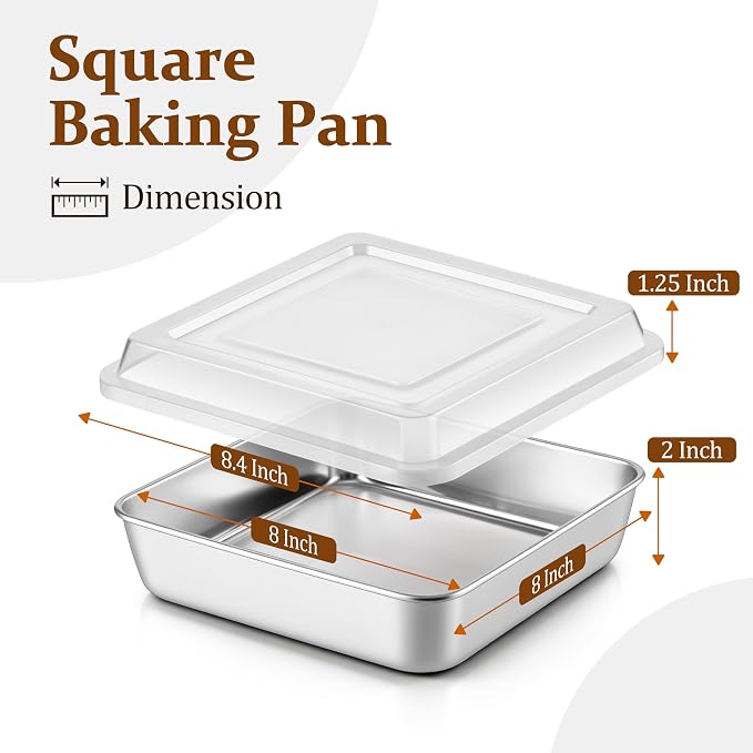 LIANYU 8 Inch Square Cake Pan with Lid, 8 x 8 Stainless Steel Lasagna Brownie Baking Pan, Non-Toxic Baking Dish for Oven Cooking Roasting, Even Heating & Dishwasher Safe (1 Pan +1 Lid)