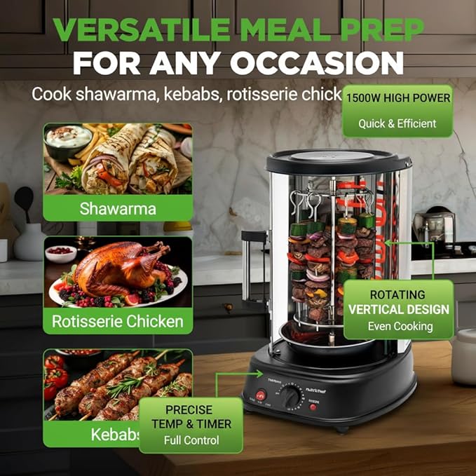 NutriChef Vertical Rotating Shawarma Oven - Rotisserie, Shawarma, & Kebab Machine - Stain-Resistant, Energy-Efficient - Heat-Resistant Door - Includes Kebab Rack with 7 Skewers - Stainless Steel
