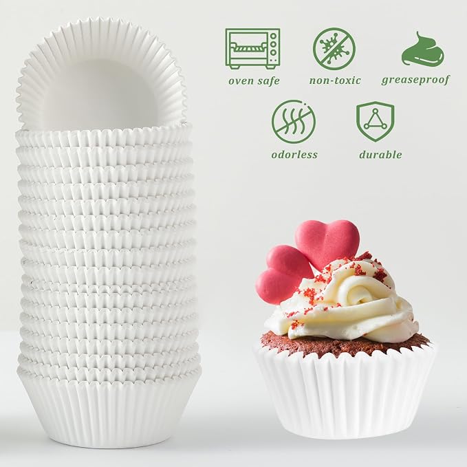1000 Count White Paper Cupcake Liners, Standard Size 1.4 Inch, Unbleached Baking Cups for Muffins and Cupcakes (White, 1.4 Inch)