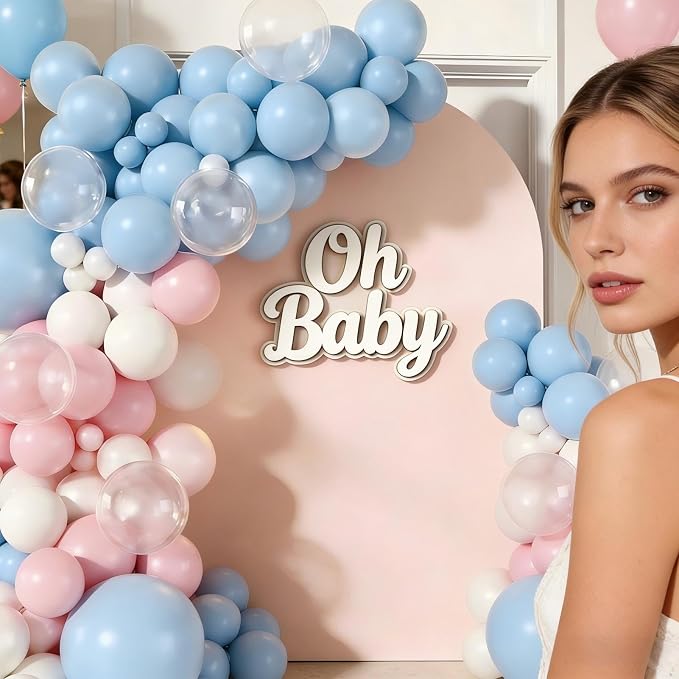 Pink and Blue Balloons Garland Arch Kit, 143pcs Pastel Pink Blue White Clear Balloons for Boy or Girl Gender Reveal Baby Shower Birthday Party Decorations