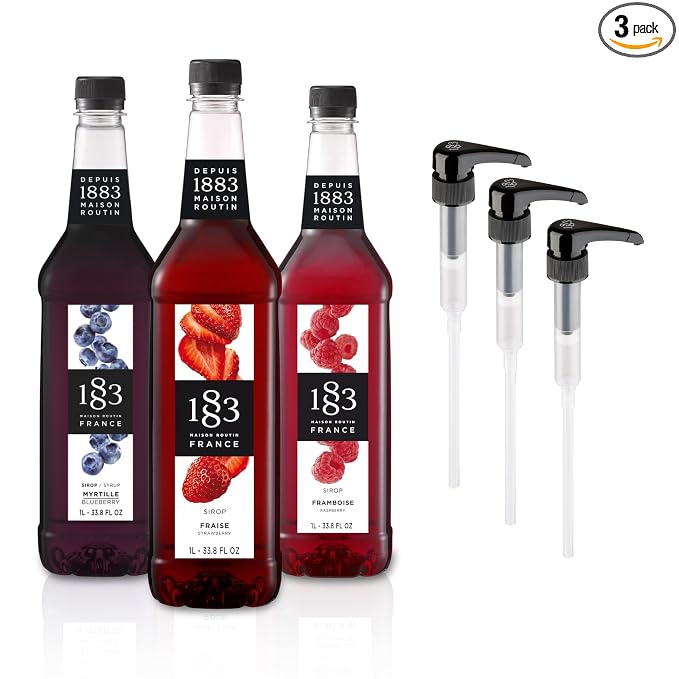 1883 Strawberry, Blueberry, Raspberry Syrups with Pumps (Berry Lovers) for Drinks – 1 Liter Plastic Bottles (Pack of 3)