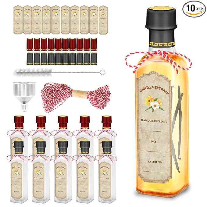 10-Pack Glass Vanilla Extract Bottles 8 oz with Lids, Labels, Shrink Bands & Funnel – Ideal Glass Jars for Syrup, Extract, and Essential Oils