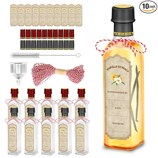 10-Pack Glass Vanilla Extract Bottles 8 oz with Lids, Labels, Shrink Bands & Funnel – Ideal Glass Jars for Syrup, Extract, and Essential Oils