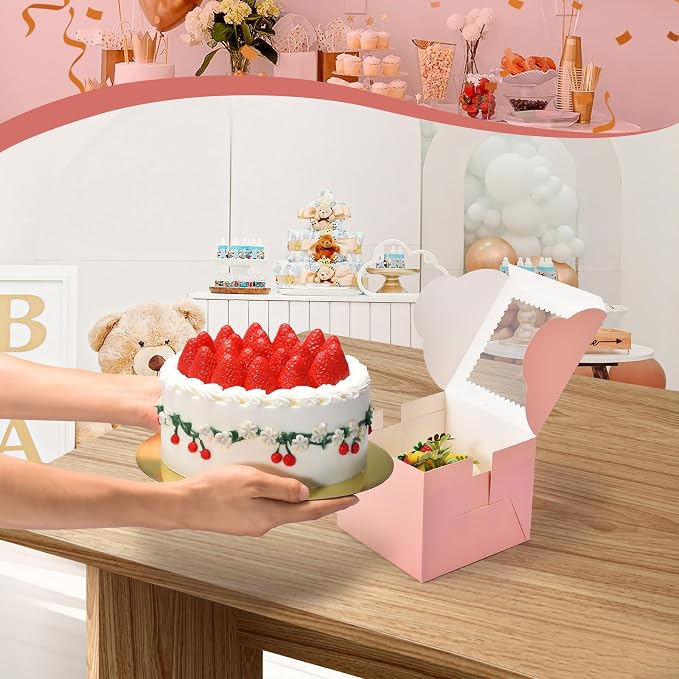 20Pcs Mini Cake Boxes with Window, 6x6x5 Inches Pink Bakery Boxes, Small 4 Cupcake Boxes, Cake Packaging for Pastries, Cookies, Chocolates, Cupcakes, Birthday Party, Wedding