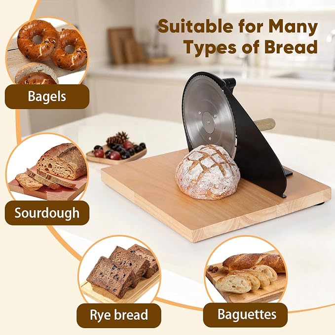 Foldable Manual Bread Slicer with Wooden Board & Foldable Handle,0-0.9" Adjustable Thickness,Serrated Blade & Suction Cup,Bread Slicer for Homemade Sourdough Bread,Soft Bread,Bagels,and More (Black)