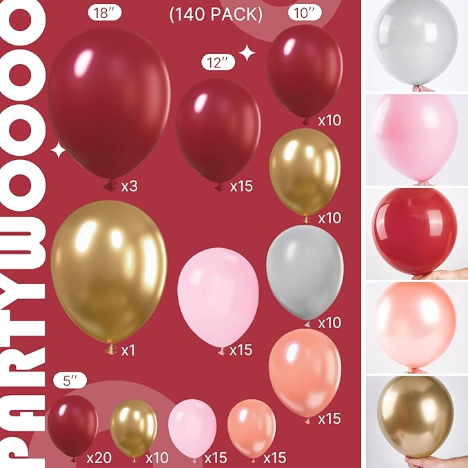 PartyWoo Red Pink and Gold Balloons, 140 pcs Ruby Red Pink and Chrome Gold Balloons Different Sizes Pack of 18 Inch 12 Inch 10 Inch 5 Inch for Balloon Garland or Arch as Birthday Party Decorations