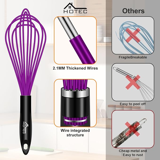 HOTEC 4 Pieces Silicone Whisks Set, Wire Balloon Whisks for cooking Egg Beater, Non-slip Handle Whisk for Non-stick Cookware Perfect for Cooking, Stirring, Beating and Blending,Purple