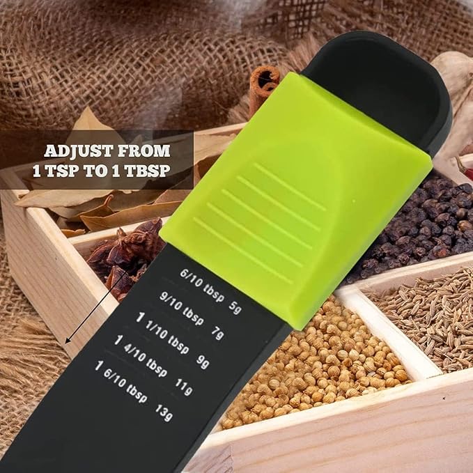 Adjustable Measuring Spoon, 9-in-1 Teaspoon Tablespoon Sliding, Space Saving, 1/8 TSP to 1 TBSP, Dry & Liquid, Double-Ended, Dishwasher Safe, Food-Grade Plastic - Performore, Black & Green