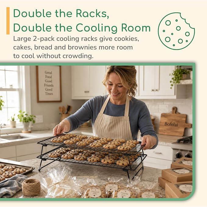 Cooling Racks for Baking 2 Pack, 17 x 11 Inch Black Collapsible Wire Racks with Folding Legs, Rust-Resistant Finish, Large Cookie Rack for Holiday Cookies, Bread and Small Kitchens