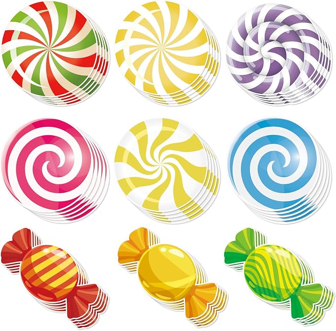 Vuzvuv 90Pcs 5In Candy Paper Cutouts with 180Pcs Glue Points,Candy Cut Outs Bulletin Board Decorations for Birthday Party Theme Decor Supplies