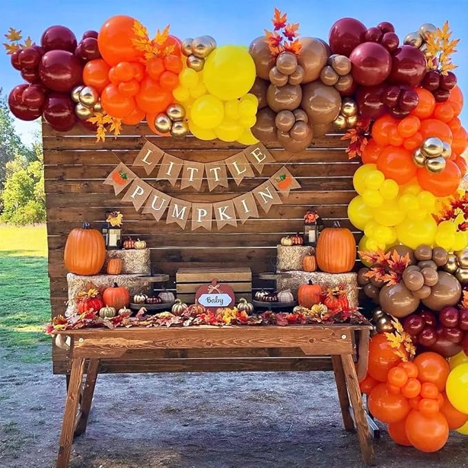 Fall Balloon Arch Kit, Fall Birthday Party Decorations, Orange Burgundy Yellow Gold Confetti Balloons Garland Kit with 6.5 Ft Maple Leaves for Home Thanksgiving Autumn Baby Shower Party Decor Supplies