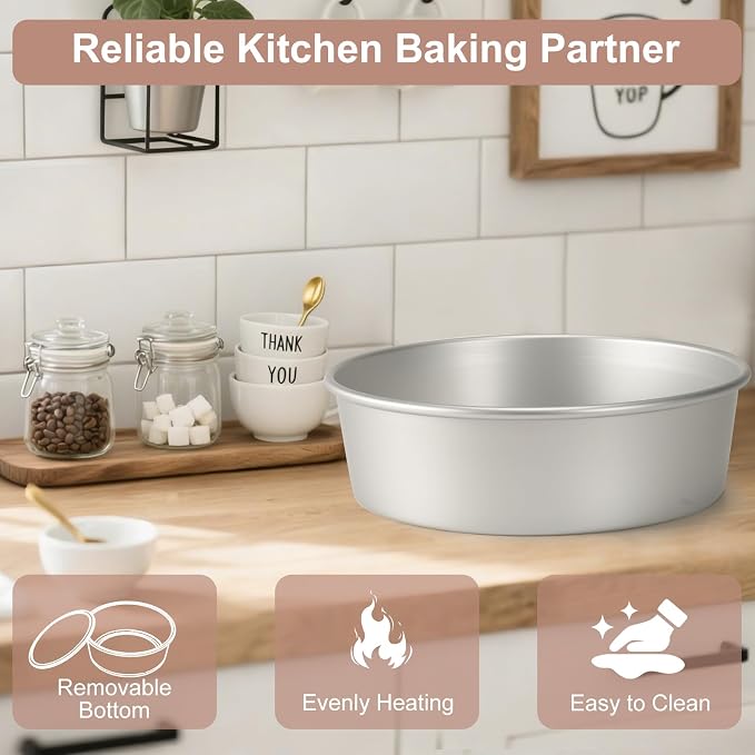 Round Cake Pan with Removable Bottom, Set of 3 (6 x 3 inch/8 x 3 inch/10 x 3 inch), Aluminum Baking Pans for Layer Cakes, Evenly Heating Tools for Home Kitchen, Tapered Side