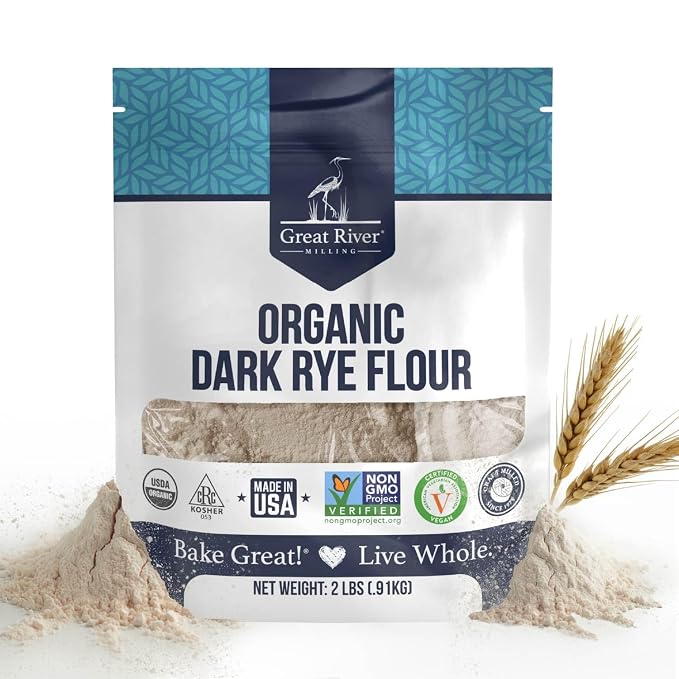 Great River Milling Organic Dark Rye Flour | Whole Grain, Non-GMO, Kosher, Unbromated | Earthy Flavor for Rye Bread, Sourdough Starter, Bagels, Crackers & Artisan Baking | 2 Lb