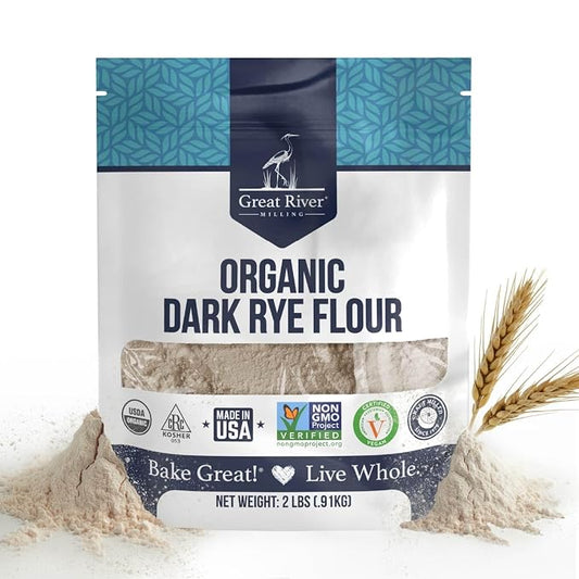 Great River Milling Organic Dark Rye Flour | Whole Grain, Non-GMO, Kosher, Unbromated | Earthy Flavor for Rye Bread, Sourdough Starter, Bagels, Crackers & Artisan Baking | 2 Lb