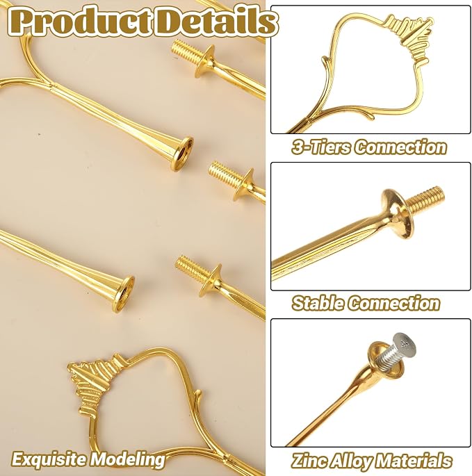 QTLCOHD 15 Sets 3 Tiered Cake Stand Hardware Kit, Zinc-Alloy, Gold Crown | Heavy Duty 3 Tier Cake Plate Handle Fitting Hardware Rod for Dessert Serving Trays Cupcake Fruit Holder