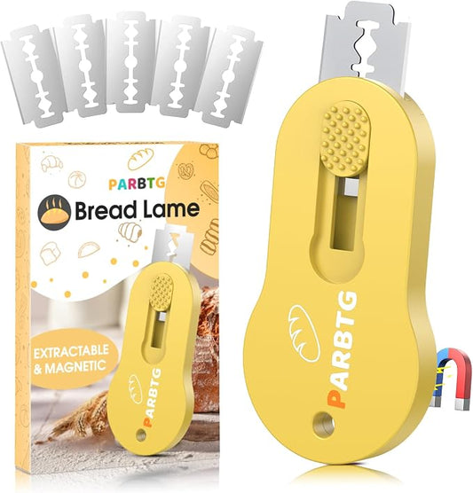 Bread Lame Dough Scoring Tool, Extractable & Magnetic Sourdough Scoring Tool for Sourdough Bread Baking, Bread Making, Bread Scoring Tool with 5 Razor Blades, Scoring Patterns booklet, Yellow