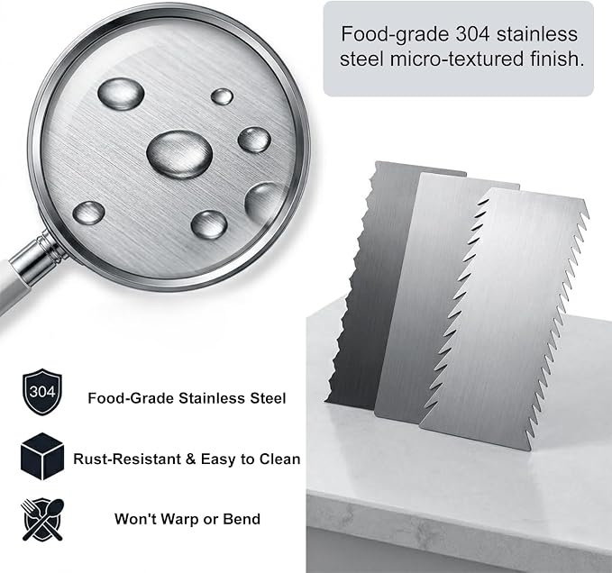 3 Pcs Stainless Steel Cake Scraper Set, 8.7 Inch Chevron Fir-Tree, Double-Sided Stripe & Wave, Smooth Edge Icing Smoother for Buttercream Cake Decorating
