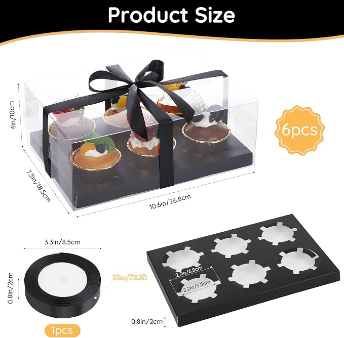 EUSOAR Cupcake Boxes 6 Count, 6 Pack Clear Black Bakery Mini Cake Take out Containers with Gift Ribbon, Rectangle Dessert Pastry Holder Cookies Wrappers Disposable for Birthday Wedding Tea Party