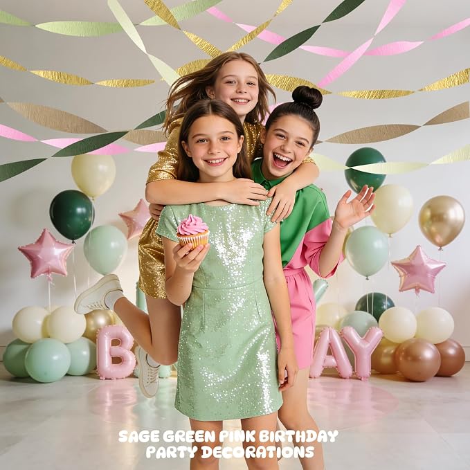 AOYOO Crepe Paper Streamers, 6 Rolls Sage Green Emerald Gold and Pink Party Streamers, Boho Party Decorations for Baby Shower, Woodland Birthday, Wedding and Safari Jungle Theme Supplies