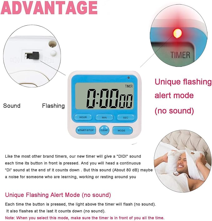Upgraded Digital Kitchen Timer, ON/Off Switch, 12/24 Hour Clock and Silent Timers, Count Up & Count Down for Kids Teachers Cooking Games Office, Large LCD Display, Loud Alarm and Strong Magnet (Blue)