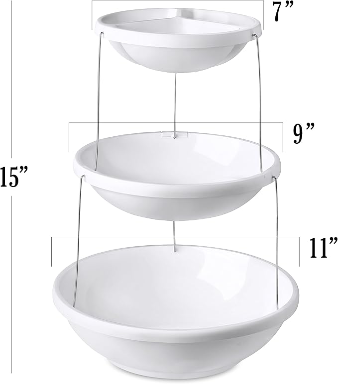 Masirs 3-Tier Collapsible Bowl: Decorative Design Folds for Minimal Storage. Ideal for Serving Snacks, Salad, and Fruit. Top Bowl Divided into Three Sections. | Masirs Tiered Serving Stand, Divided Top Tray, BPA-Free Dishwasher Safe Plastic, Snacks Sal...