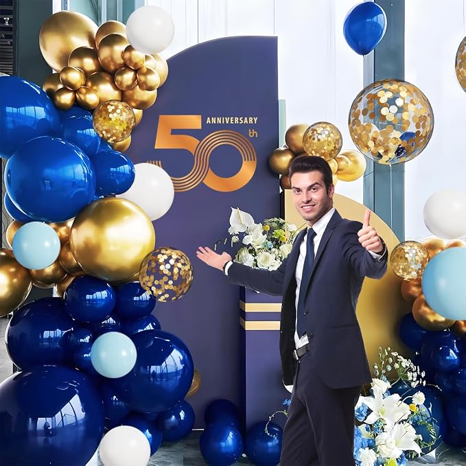 MEBAY Navy Blue White Gold Balloon Garland Arch Kit, 147PCS Royal Dark Pastel Blue White Gold Balloons with Confetti for Birthday Party Baby Shower Wedding Graduation Decorations
