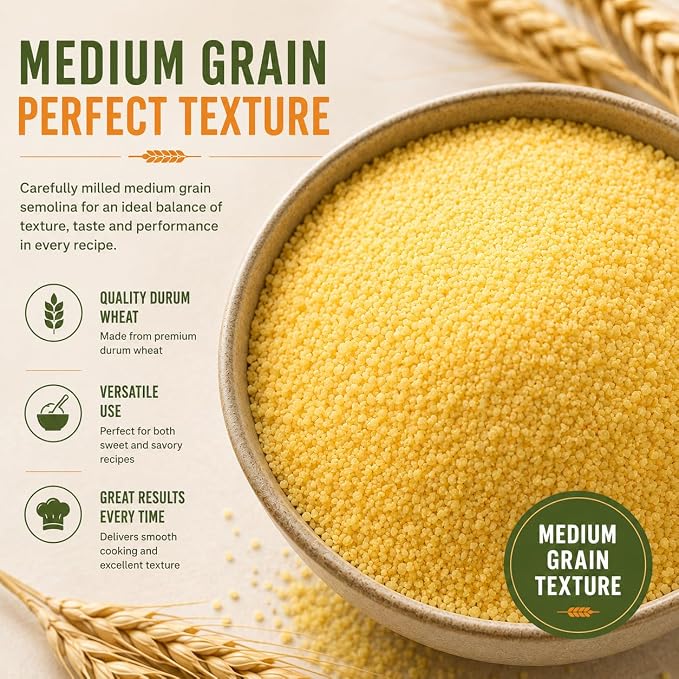 Premium Semolina Flour, Authentic Turkish Durum Wheat for Pasta, Couscous, Baking & Traditional Desserts, Freshness-Sealed Pouch, 500g (17.6 oz)
