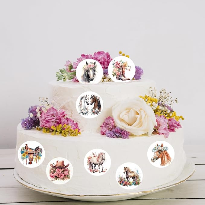 36PCS Edible Floral Horse Cupcake Toppers Wafer Paper Western Cowgirl Cupcake Toppers Edible Derby Horse Cupcake Picks for Western Derby Horse Theme Party Decoration Supplies