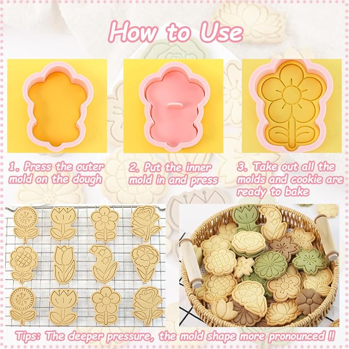 8 Flower Cookie Cutter, 3D Spring Floral Cookie Cutters with Lily of the Valley, Sunflower, Carnation,Tulip,Rose Shapes, Homemake Baking Tools for Mother's Day, Valentine, Holiday DIY Cookies (Flower)