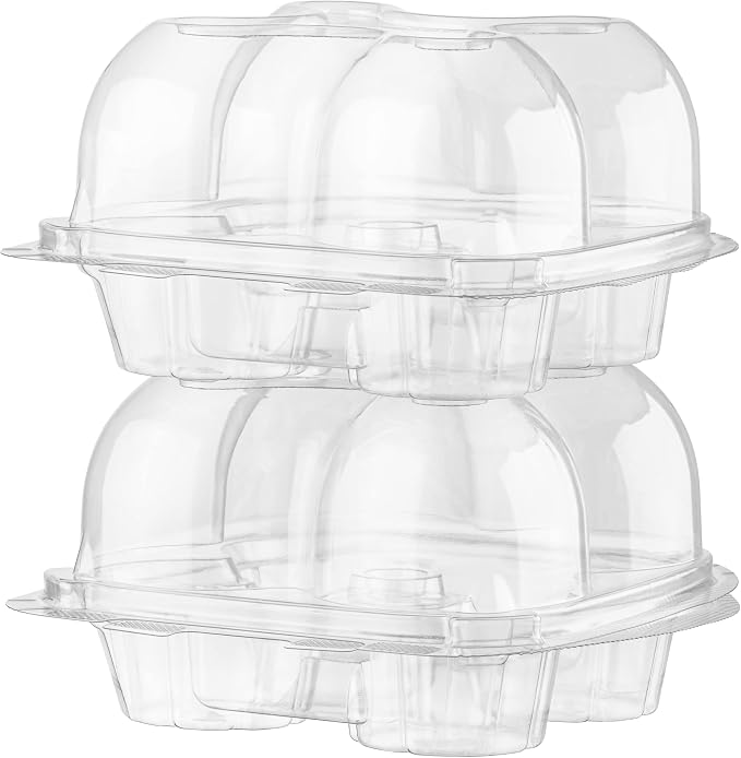 Plastic Cupcake Containers Boxes | 4 Compartment – 50 Pack | Disposable High Dome Cupcake Holder With Lid Bulk | Extra Sturdy And Stackable Cupcake Boxes | Durable Muffin Packaging Transporter To Go