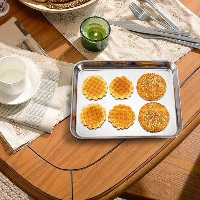 Wildone Baking Sheet Set of 2 - Stainless Steel Cookie Sheet Baking Pan, Size 9 x 7 x 1 inch, Non Toxic & Heavy Duty & Mirror Finish & Rust Free & Easy Clean