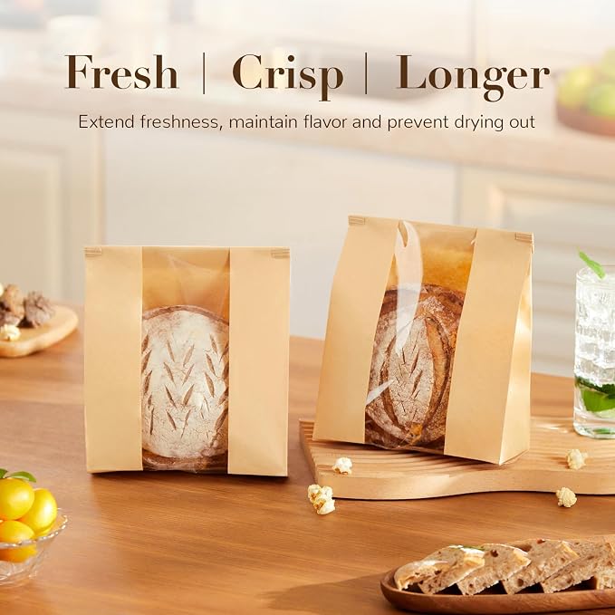 100 Pack Small Paper Bread Bags for Homemade Sourdough Bread, 7x3×11.5 Inches Resealable Tin Tie Tab Bakery Bags with Window for Half Loaves, Round Sourdough and Dozen Cookies
