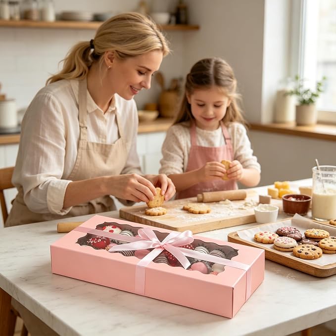 24 Pack Bakery Boxes with Window, 16x6.5x2.5 Inch Pink Auto-Popup Cookie Box with Ribbon and Sticks, Long Treat Boxes for Cookies for Strawberries, Champagne, Cake Pops, Donuts