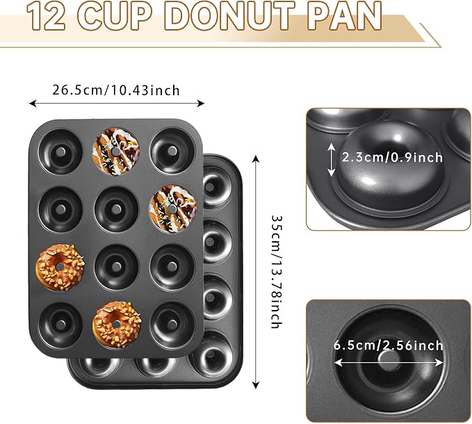 2-Pack Donut Pans for Baking - 12-Cavity Nonstick Carbon Steel Doughnut Trays, Deep Molds for Mini Bagels, Cakes & Homemade Baked Treats, 24 Cavities Total (Black)