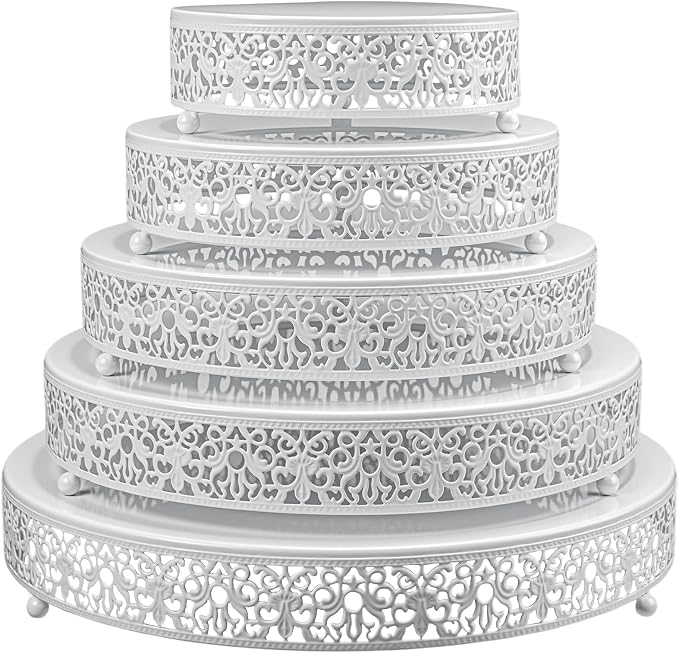 Wenqik 5 Pcs Metal White Cake Stand 16/14/12/10/8 Inch Round Cake Holder Display for Dessert Table Cookies Fruit Serving Tray Cupcake Pastry Riser for Wedding Birthday Party and Events