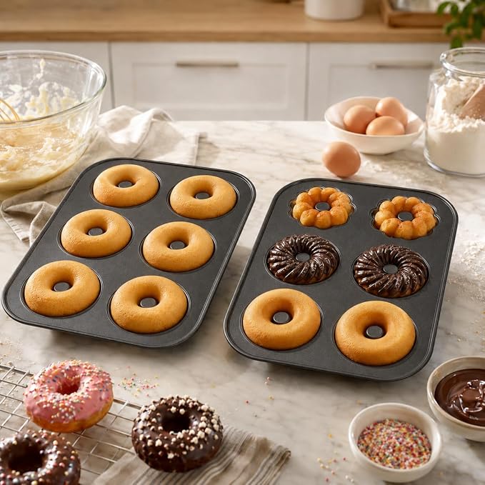 Donut Pan for Baking, 2 Pack 6-Cup Flower Shaped Doughnut Mold, 12 Cavity Bakeware for Homemade Donuts, Cakes, Bagels and Breakfast Treats Black