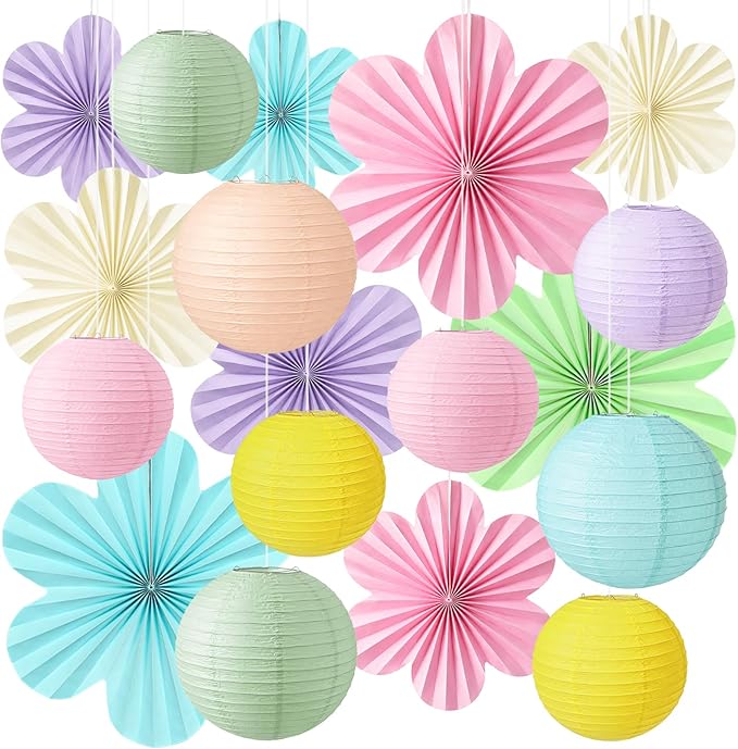 Peywot Pastel Classroom Decor - 18Pcs Flower Fans & Paper Lanterns for Classroom Ceiling Decorations, Birthday, Baby Shower & Pastel Rainbow Party Decor