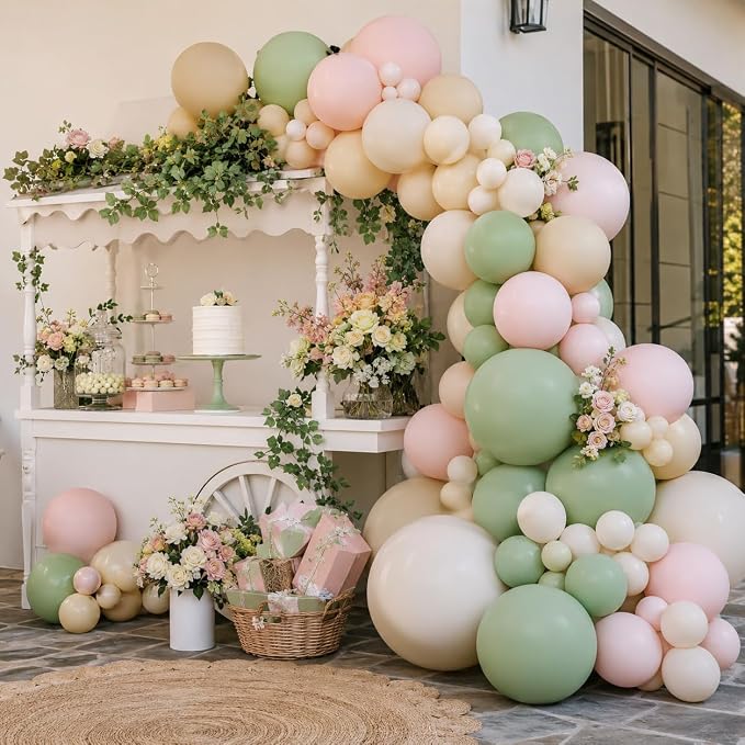 Pink and Green Balloon Arch Garland Kit, 122Pcs Ivory Sand White Dusty Pink Sage Green Spring Balloons for Women Girl Boho Bridal Wedding Baby Shower Engagement Birthday Party Decorations