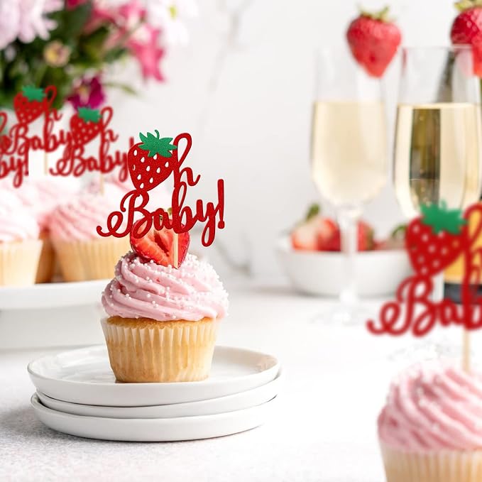24 PCS Strawberry Oh Baby Cupcake Toppers Glitter Fruit Theme Oh Baby Strawberry Cupcake Picks for Gender Reveal Baby Shower Kids Boys Girls Birthday Party Cake Decorations Supplies Red