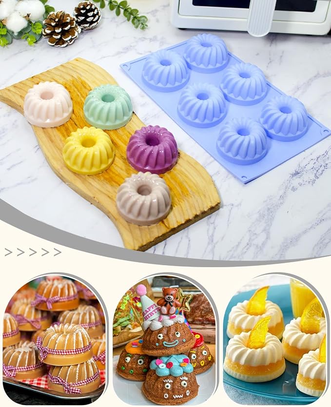 LGQUK Jello Molds 3pcs Silicone Fluted Tube Cake Pans, 6-Cavity Non Stick Silicone Baking Molds for Cupcake, Donuts,Muffin, Cornbread, Brownie, Jellies (Purple+Blue+Pink, Fluted Tube)