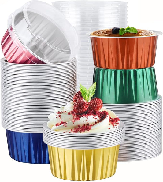 EUSOAR Disposable Ramekins with Lids, 5oz 100pcs Muffin Liners Cups Creme Brulee Foil Ramekins, Oven Safe Aluminum Cupcake Holders Baking Cups for Party Favor Birthday 5 Colors Mixed