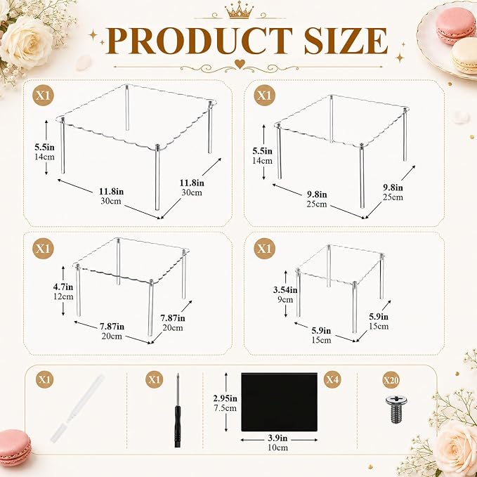 Mifoci 4 Tier Acrylic Cake Display Stand with Scalloped Square Edge 6, 8, 10, 12" Clear Tiered Cupcake Holder Tray with Message Board and Marker for Wedding, Birthday Party, Dessert Table