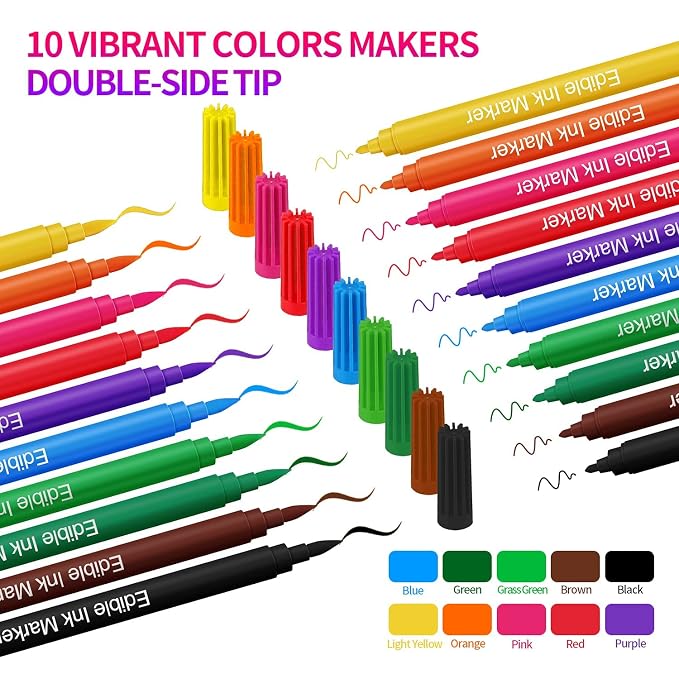 Fanika Edible Markers Food Coloring Pens 10 Colors, Double-sided Fine Tip Food Grade Pens and Edible Marker for Cookies Decorating Fondant, Cakes, Frosting, Easter Eggs