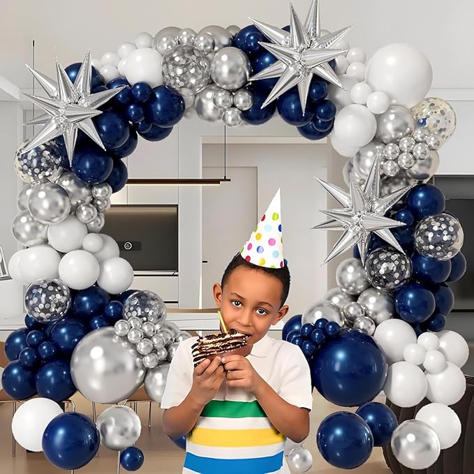 Bonropin 161pcs Navy Blue and Silver Balloon Garland Arch Kit with Blue White Silver Confetti Balloons, Star Foil Balloons, for Graduation New Year Anniversary Birthday Party Decorations