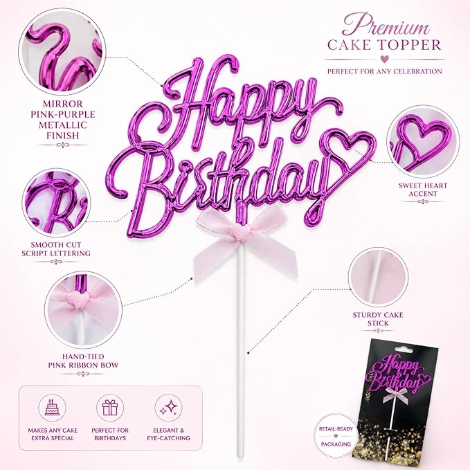 Purple Acrylic Happy Birthday Cake Topper with Heart and Bow | Glossy purple acrylic script with heart and bow adds an elegant finishing touch to birthday cakes and celebration desserts.