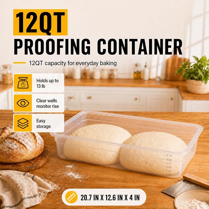 12QT Dough Proofing Container with Lid, 1 Pack Large Pizza Dough Container for 8-10 Dough Balls, Clear BPA-Free Dough Rising Box, Stackable Food Storage Bin for Sourdough Bread Baking